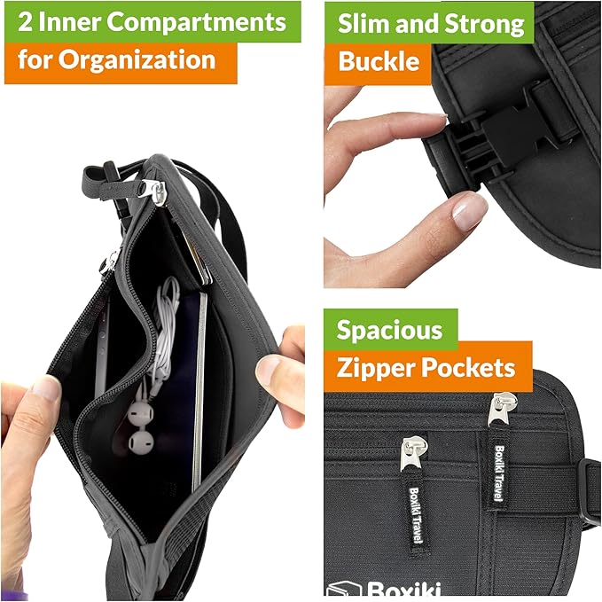 Boxiki Travel, Black Money Belt with RFID Sleeves Set - 8 Pcs Navy Blue | Secure Waist Bag and RFID Card Holder for Men and Women