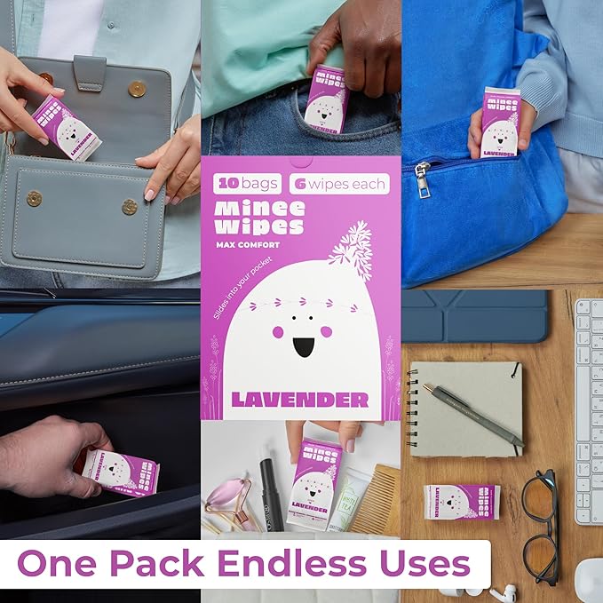 Impossibly Compact Travel Wipes - 99.5% Water - Safe for Sensitive Skin & Hypoallergenic, Resealable, Thick & Durable - For Adults, Kids & Baby Care - Lavander, 10 Pack Total 60 Wipes