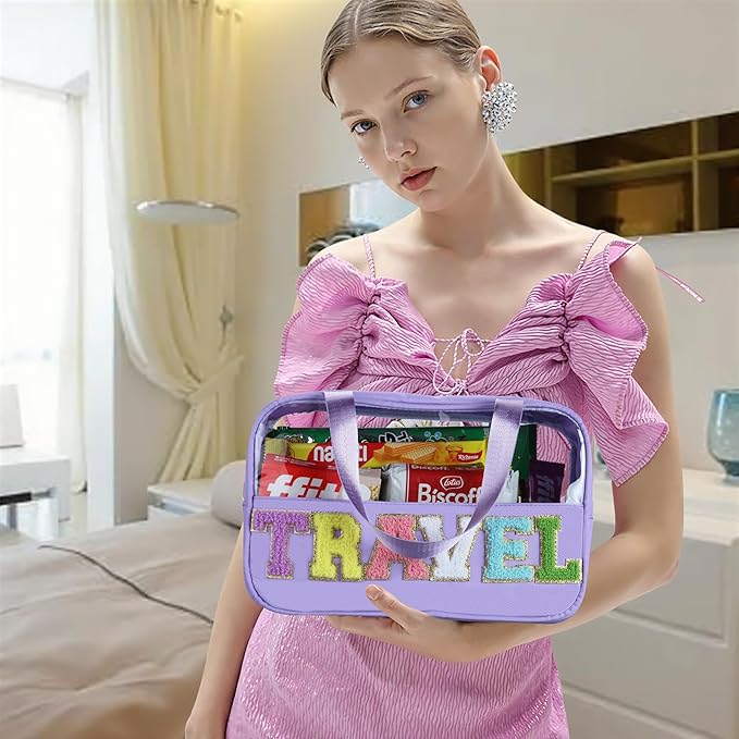 BuyCard Chenille Letter Patch Clear Travel Bags, Preppy PVC&Nylon Makeup Bag with Handle and Zipper, Waterproof Large Clear Travel Toiletry Bag Storage Bag for Women Girls