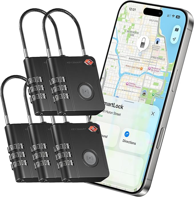 KeySmart SmartLock Tracking Luggage Locks, TSA Locks for Luggage, GPS Tracker, Combination Lock Compatible with Apple Find My App, Best Travel Essentials, Replaceable Non-Rechargeable Battery (5 Pack)