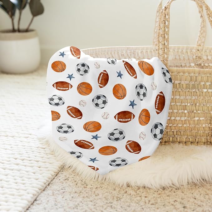 Sweet Jojo Designs Sports Theme Boy Baby Swaddle Blanket Infant Newborn Lightweight Jersey Stretchy Receiving Security Stroller Cover Watercolor Vintage Sport Themed Soccer Football Baseball Blue Star
