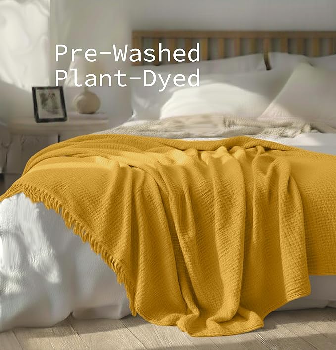KyraHome 100% Cotton Muslin Throw Blankets for Couch, 50"x60" Pre-Washed Plant Dyed, Breathable, Lightweight Summer Throw Blankets for Adults, Picnic, All Season, Mustard Yellow