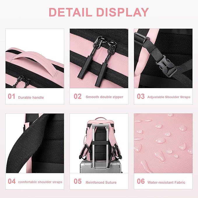 BAGOK Carry On Travel Backpack, Expandable Extra Large Airline Approved,Lightweight Daypack for Men and Women（Pink）