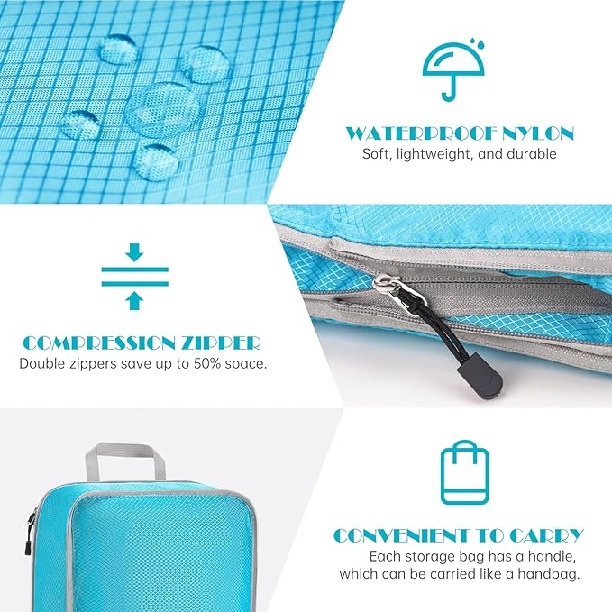 NiHome Compression Packing Cube 6PCS Set Expandable Travel Bag Luggage Organizers Electronic Cable Cord Charger Organizer Drawstring Bag for Trip Home Storage Travel Gear Accessories (Blue/Black/Grey)