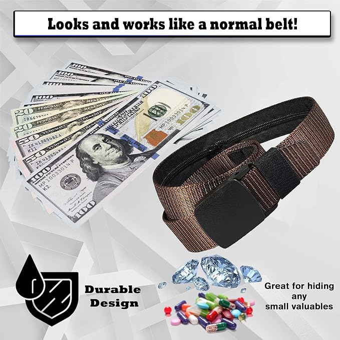 Security Money Belt with Hidden Money Pocket - Nylon Tactical Belt for Men & Women with Nonmetallic Buckle - Security Money Belt for Valuables, Cash, Passport - Cashsafe Anti-Theft Wallet