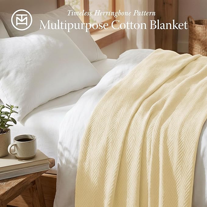 Threadmill Vanilla Cream 100% Combed Cotton King Size Blanket, All-Season Soft Breathable Light Weight Herringbone Throw
