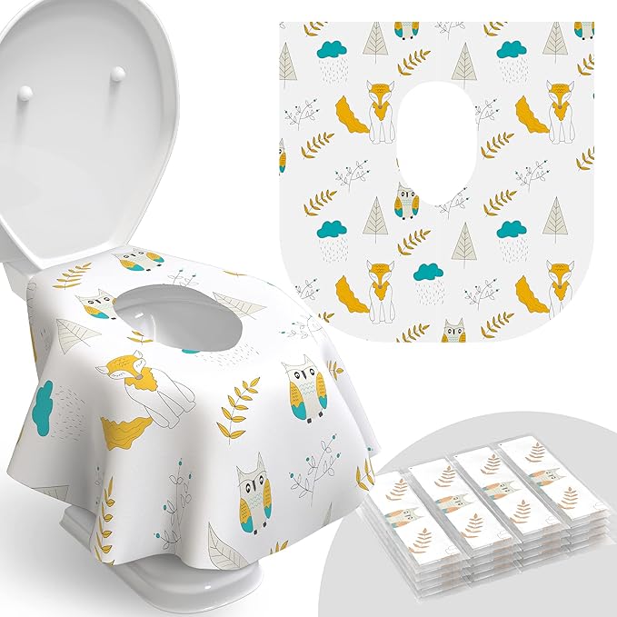 Relyo Disposable Toilet Seat Cover for Travel – 20 Pack with Covers Wrapped in Sets of 2, Non-Flushable Liners, Fits Most Seats – Kids, Toddlers, Adults (Owls, 20)