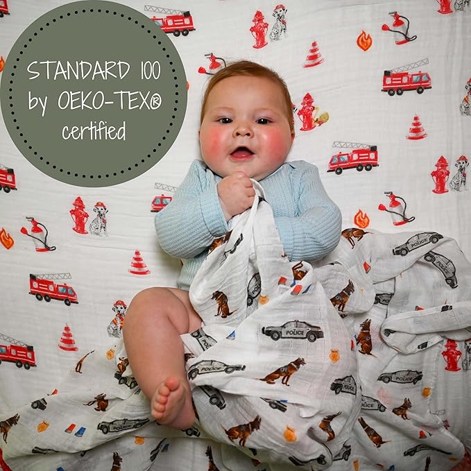LollyBanks Muslin Swaddle Blanket, 100% Muslin Cotton Blankets for Baby Boys, 47 X 47 Inches Soft and Cozy Swaddle for Newborn Baby, Newborn Essential (Police Dog Print)