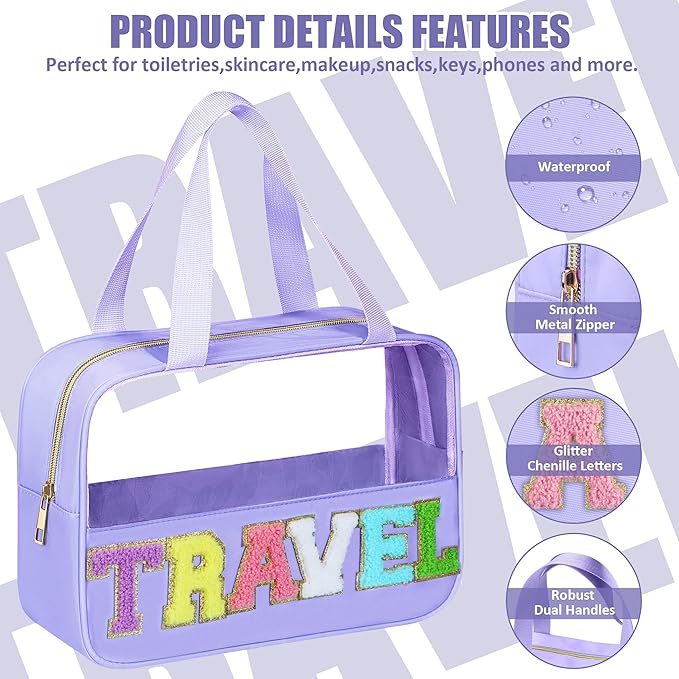 BuyCard Chenille Letter Patch Clear Travel Bags, Preppy PVC&Nylon Makeup Bag with Handle and Zipper, Waterproof Large Clear Travel Toiletry Bag Storage Bag for Women Girls