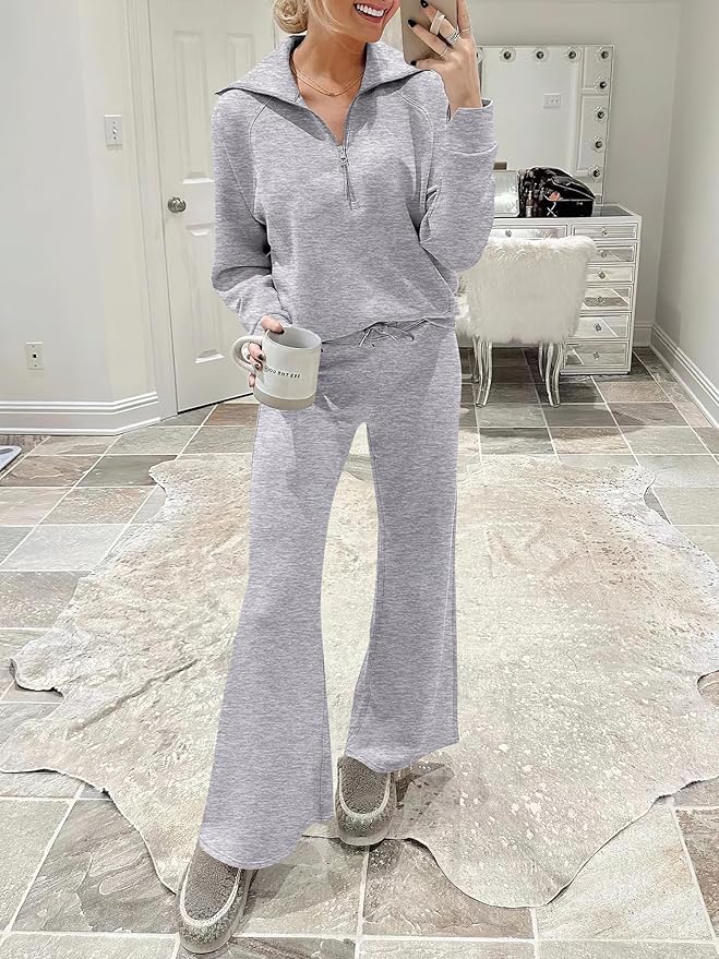 ANRABESS Women 2 Piece Outfits 2025 Fall Fashion Airport Wide Leg Pants Lounge Set Leisure Travel Vacation Clothes Sweatsuits