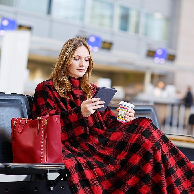 Solaris Travel Wearable Blanket with Sleeves, 2 in 1 Packable Airplane Pillow Blanket for Adult Women Men, Soft Cozy Warm Snuggy Body Blanket for Outdoor Indoor Home Lounge, Red Plaid