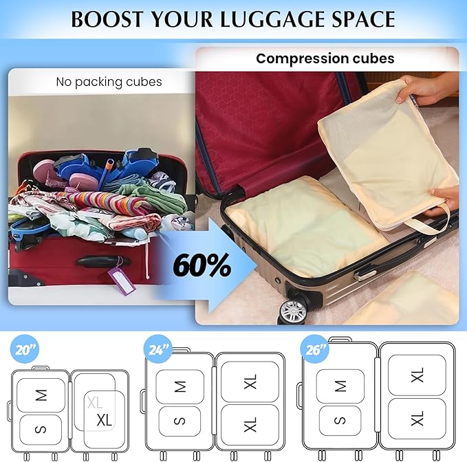 Carry on Compression Packing Cubes Travel for Suitcases ，Compressible Packing Cubes for Travel Women Packing Organizers 4 Set Ultralight (Beige)
