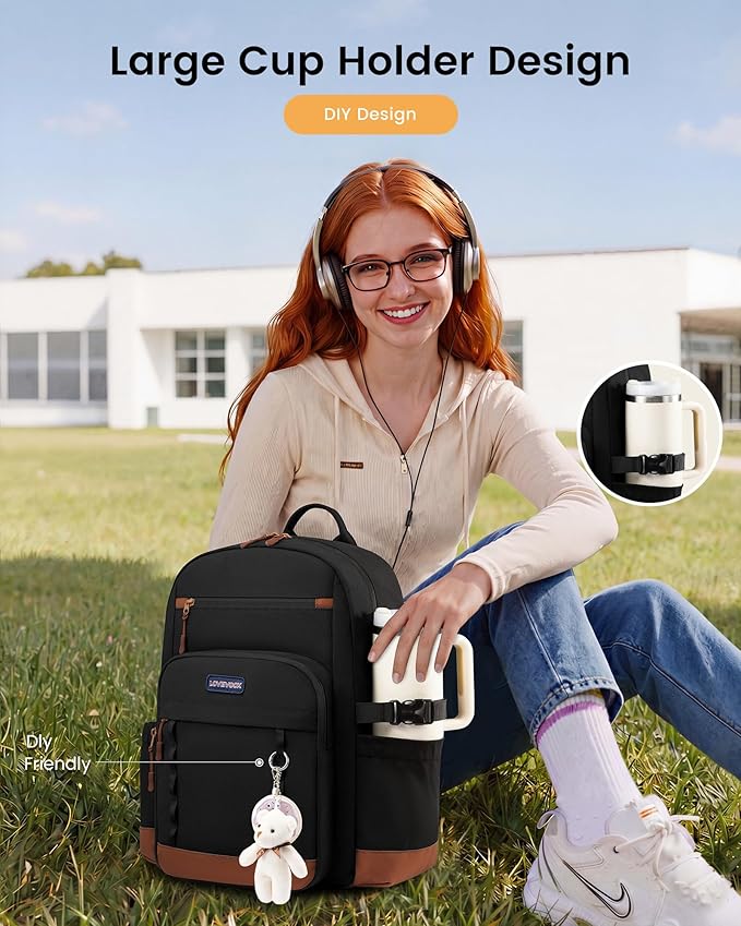 LOVEVOOK Laptop Backpack for Women with Stanley Cup Holder,18 Inch DIY Design Travel Work Backpack Computer Laptop Bag,Waterproof Nurse Teacher College Backpack Purse,Gifts for Women Men, Brown-Black