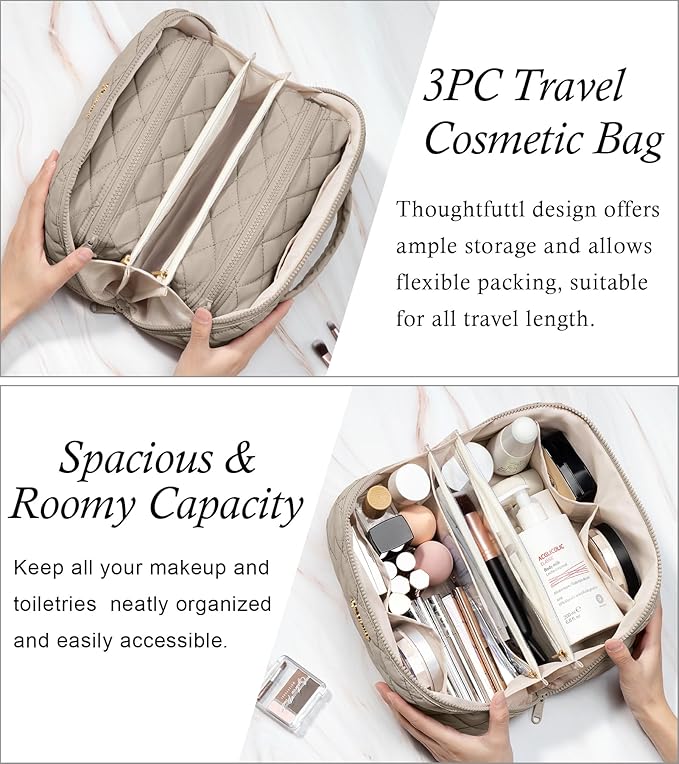 Travel Makeup Bag, 3 Pcs Large Capacity Puffy Toiletry Bag for Women, Open Flat Quilted Make up Cosmetic Organizer w/Handle & Clear Divider Water-resistant Portable Pouch Travel Essentials, L-Oatmeal