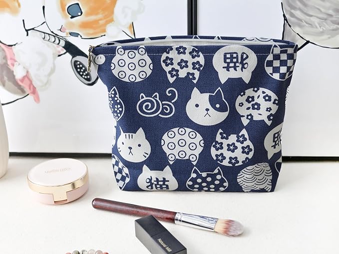 HAPPYHEIDI Canvas Makeup Bag, Cosmetic Travel Pouch, Kawaii Blue Cats, Cotton Blend, Animal Print, Zipper Closure, 7.1x2.4x7 Inches