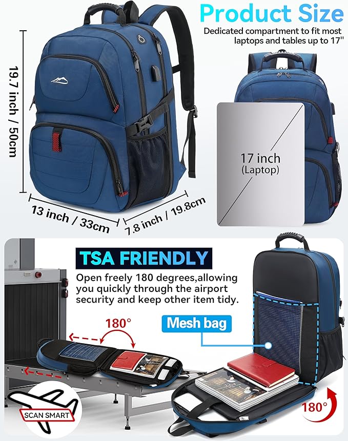 ProEtrade Travel Backpack, Extra Large Laptop Backpack School Business Anti Theft TSA Approved College Work Computer Bag Fits 17 Inch Laptop with USB Charging Port Bookbag for Women Men(Blue)