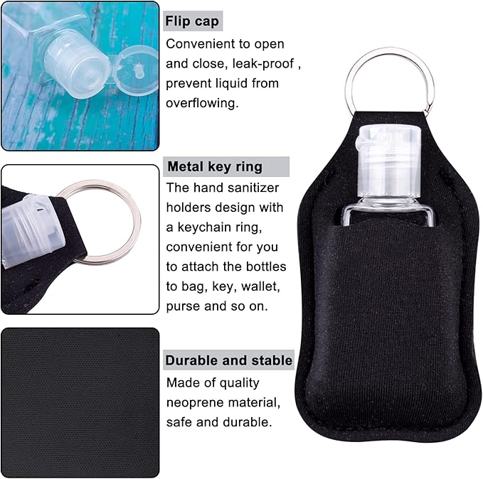 Duufin 60 Pieces Hand Sanitizer Holder Empty Travel Size Bottles Set Including 30 Pieces Clear Refillable Bottles and 30 Pieces Black Hand Sanitizer Holders for Keychain Backpack and Purse