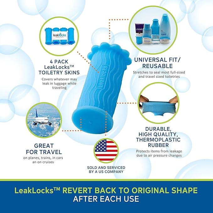 LeakLocks® Toiletry Skins™ Elastic Sleeve for Leak Proofing Travel Container in Luggage. For Standard and Travel Sized Toiletries. Reusable Accessory for Travel Bag Suitcase and Carry-on Luggage