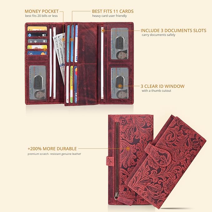 Real Leather Women Wallet Leather with RFID Blocking -Trifold Card Holder Designer Ladies Clutch with ID Window Wallets