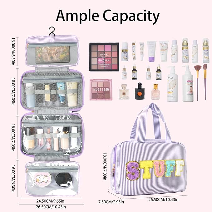 Hanging Toiletry Bag for Women Chenille Letter Travel Cosmetic Bag Fashion Stripes Water-resistant Makeup Bag for Store Toiletries Cosmetic Accessories Medium Purple