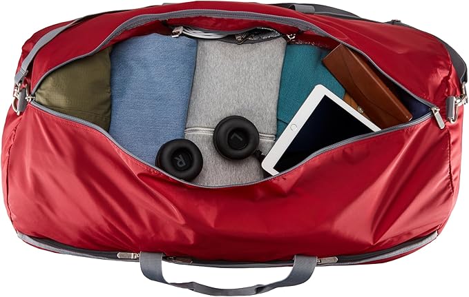 Amazon Essentials 25-inch Foldable Packable Nylon Duffel Bag for Travel and Sports with Multiple Zippered Pockets, 35 lb Weight Capacity, Collapsible for Easy Storage, Red