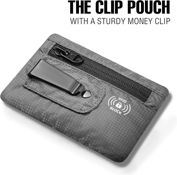 KOSMCCO RFID Blocking Clip Stash Pocket, Compact Hidden Travel Belt Wallet for Cards & Cash - Slim Pickpocket-Proof Design for Everyday Carry (Grey, Medium)