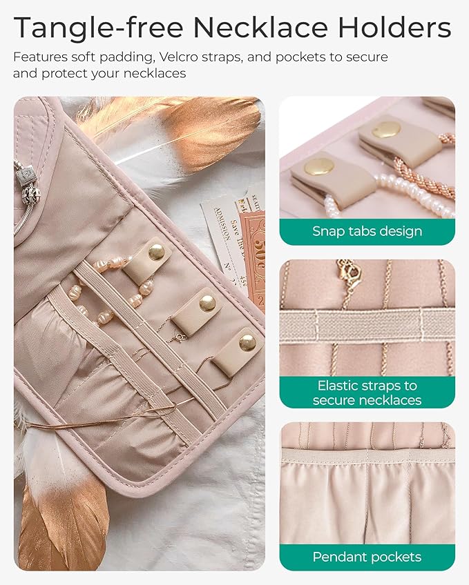 BAGSMART Travel Jewelry Organizer Case Foldable Jewelry Roll for Journey Rings, Necklaces, Earrings, Bracelets,Mini,Light Pink