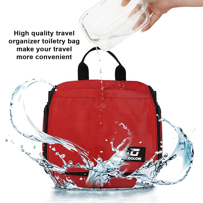 Goloni Hanging Toiletry Bag, 10 Compartments Water-Resistant Makeup Bag with 360° Spinning Metal Hook, Large Travel Cosmetic Organizer for Men & Women, Red (7.05oz)
