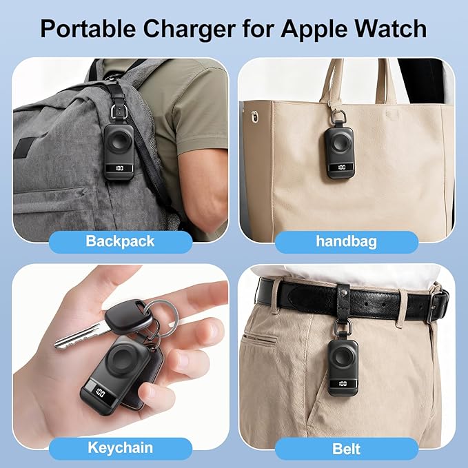 Portable Charger for Apple Watch, 2500mAh & Digital Display – Magnetic Fast Charging iWatch Charger for Travel & Keychain Use – Works with Apple Watch Series (Black)