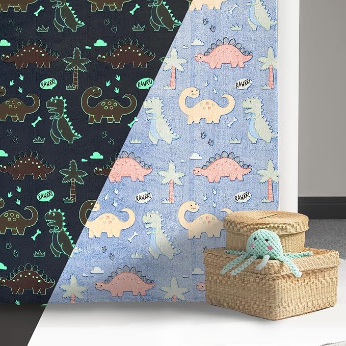 Wajade Dino Gifts Toys for Boys Girls - Glow in The Dark Dinosaur Blanket Birthday Christmas Decor for Kids Age 3 4 5 6 7 8 9 10 11 12 Years Old Teens Child Toddler Throw Colorful 60"x80"