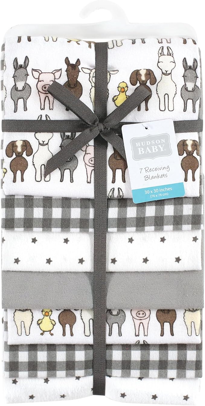 Hudson Baby Unisex Baby Cotton Flannel Receiving Blankets Bundle, Farm Friends Grey, One Size (Pack of 2)