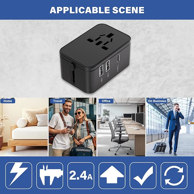 Travel Plug Adapter with 2 USB A+1 USB C,Universal All in One Worldwide Travel Adapter,Power Converters Wall Charger,AC Power Plug Adapter,International Power Adapter for USA EU UK AUS Black