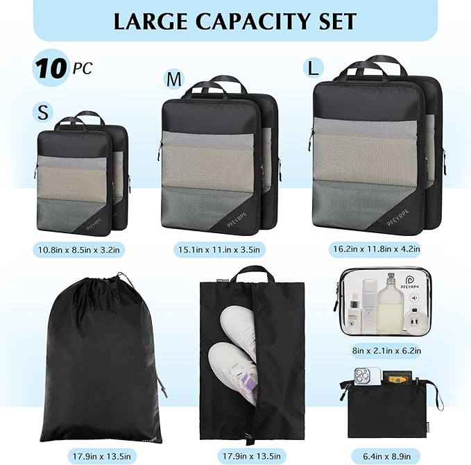 PFEYRPK Lightweight Compression Packing Cubes for Suitcases, Compressible Expandable Travel Packing Organizer with Clear Toiletries and Backpack Bag, Travel Essentials for Carry on Luggage 7 Set