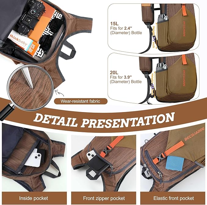 BECOJADDE 15L Small Hiking Backpack for Men Women Foldable Packable Back Pack Ultralight Hiking Daypack for Travel Camping Outdoor, Chocolate Brown