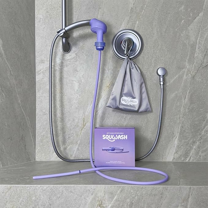 Squwash® Portable Shower Douche, Patented Slip-On Connector with Silicone Tip & Hose – Shower-Powered Hygiene Tool with Travel Bag