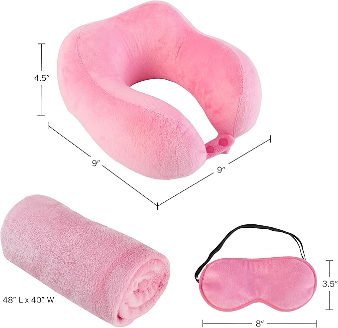 Home-Complete Travel Pillow Set - Memory Foam Pillow, Fleece Blanket, and Eye Mask - Travel Essentials for Airplanes, Trains, Cars, Buses (Pink)
