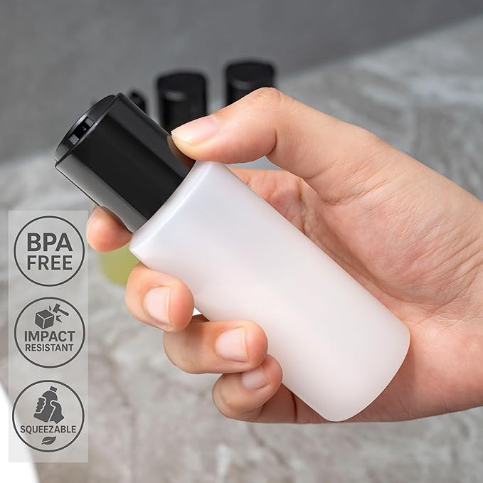 4 Pack 2oz Travel Bottles – TSA Approved HDPE Translucent Squeeze Bottles with Black Disc Tops & 4 Extra Screw Caps, Leak Proof, Durable, BPA Free, FDA Compliant