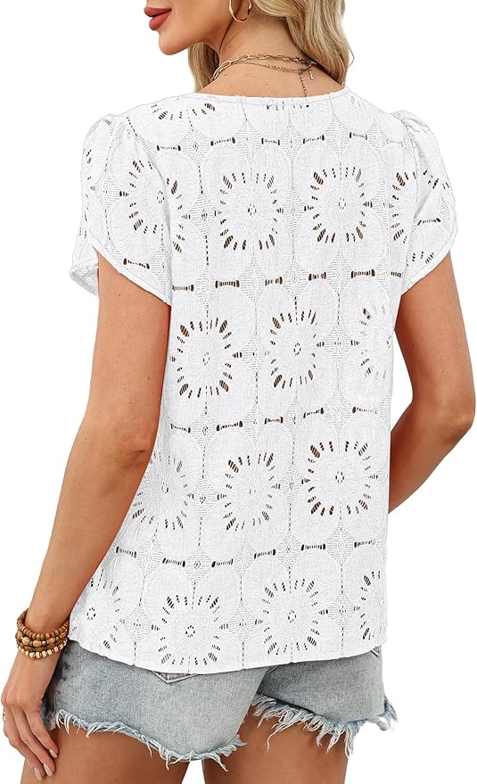 OFEEFAN Blouses for Women Dressy Casual Petal Short Sleeve Shirts Crochet Lace Boho Tops Spring Fashion Summer Outfits