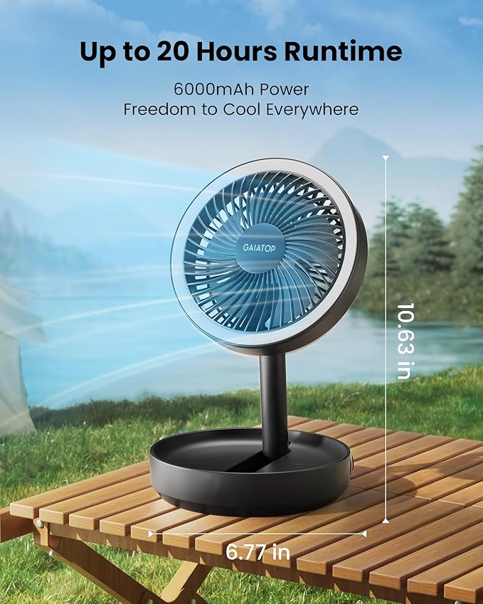 Gaiatop Foldable Small Desk Fan with LED Night Light, Wireless 6000mAh Battery Powered Portable Fan USB Rechargeable, Bedroom Office Dorm Travel Camping Cruise Essentials, Gifts for Women Men, Black