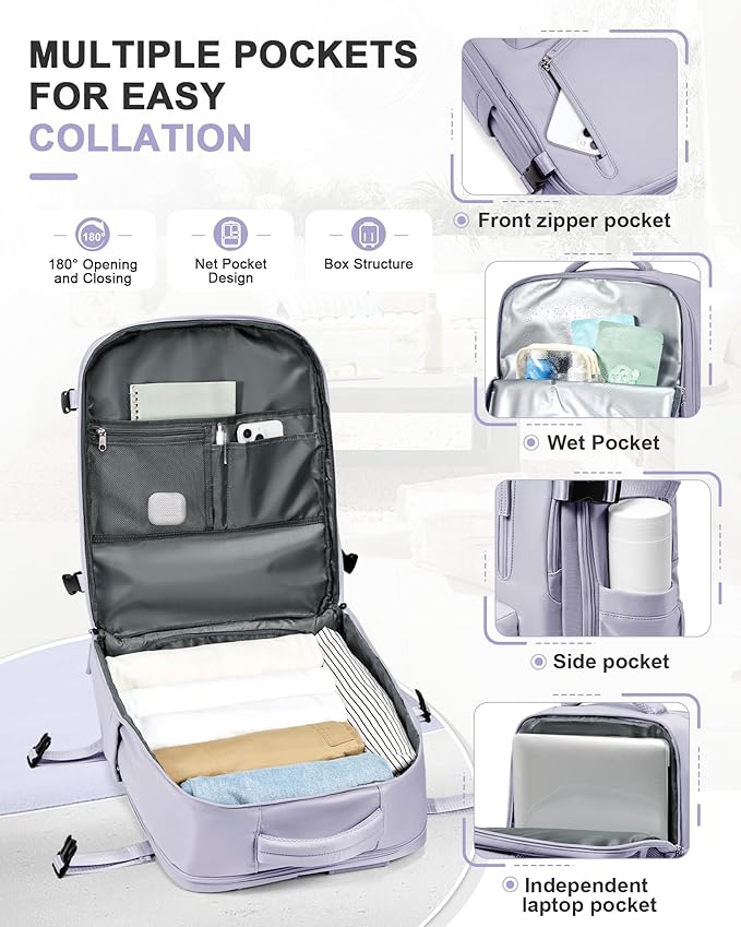 VGCUB Travel Backpack for Women Men for Spirit Airlines Personal Item Bag 18x14x8 Inches Laptop College Backpack,Waterproof Carry on Flight Approved Work Backpack Mochila de Viaje,Large Purple taro