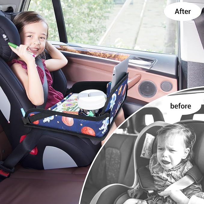 COOLBEBE Kids Travel Tray for Toddler Car Seat, Travel Tray for Airplane, Lap Tray with Storage, Portable Carseat Table Tray for Kids, Blue Space
