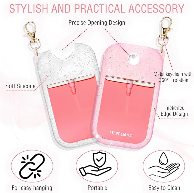 2Pack Silicone Case Compatible with Touch-lland Hand Sanitizer Spray Case,Protective Case with Keychain for 1FL.OZ. Bottle,Secure Fit,Anti-Loss Design for Travel,Office,Daily Use(Sparkling Pink&White)