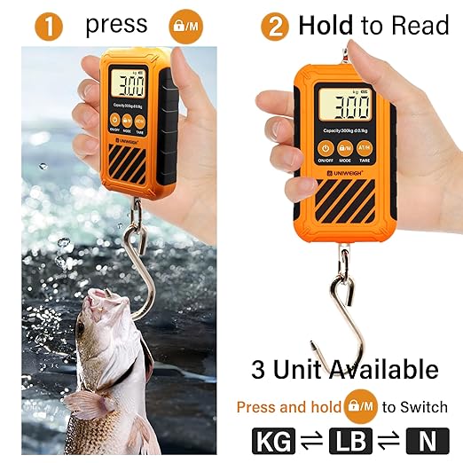 UNIWEIGH Digital Hanging Scale,Mini Crane Scale 300kg/660lb,Postal Luggage Scale with LCD Display,Portable Handheld and Large Hook,Deer Scale with Hold &Tare Function for Garage Farms Hunting Fishing