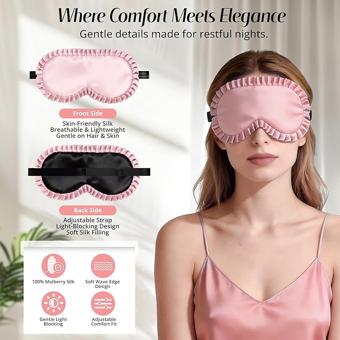 Silk Sleep Mask for Women: 100% Mulberry Silk Eye Mask, Black Back Sleeping Mask for Light Blocking, Soft Wavy Edge Eye Cover and Adjustable Strap, Travel & Sleep Gift (Pink)
