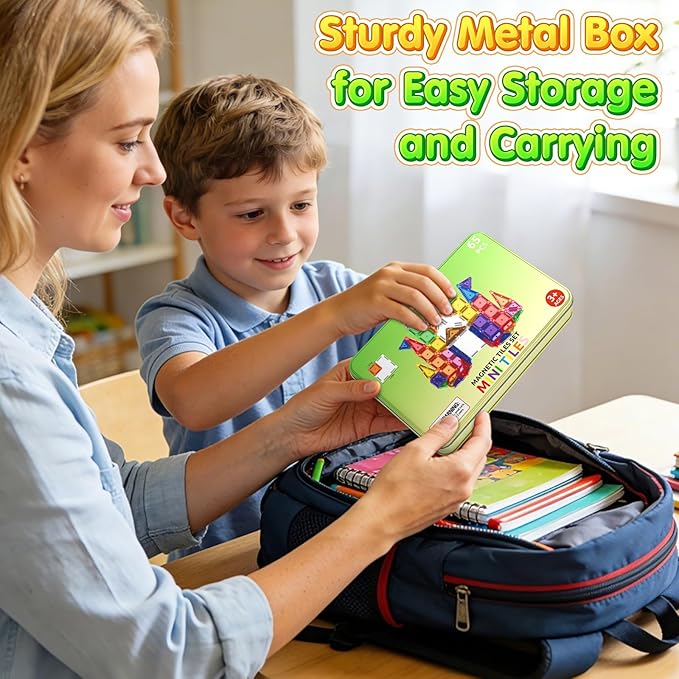 65PCS Mini Travel Magnetic Tiles with Case Set Toddler Essentials Toys, Magnetic Building Blocks Kids Games Sensory Montessori Education Learning Toys for 3+ Year Old Boys Girls Birthday Gifts