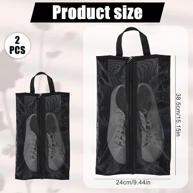2 Pack Mesh Shoe Bags for Travel, X-Large Waterproof Shoe Storage Bag Clear Large Transparent Dustproof Shoes Bag with Zipper for Packing, Reusable Golf Gym Shoes Dust Bags for Man and Women, Black