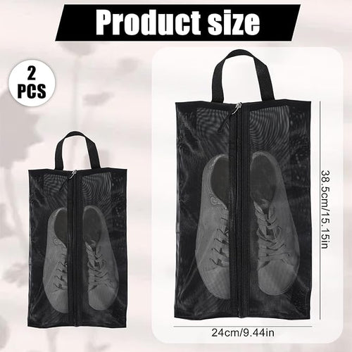 2 Pack Mesh Shoe Bags for Travel, X-Large Waterproof Shoe Storage Bag Clear Large Transparent Dustproof Shoes Bag with Zipper for Packing, Reusable Golf Gym Shoes Dust Bags for Man and Women, Black