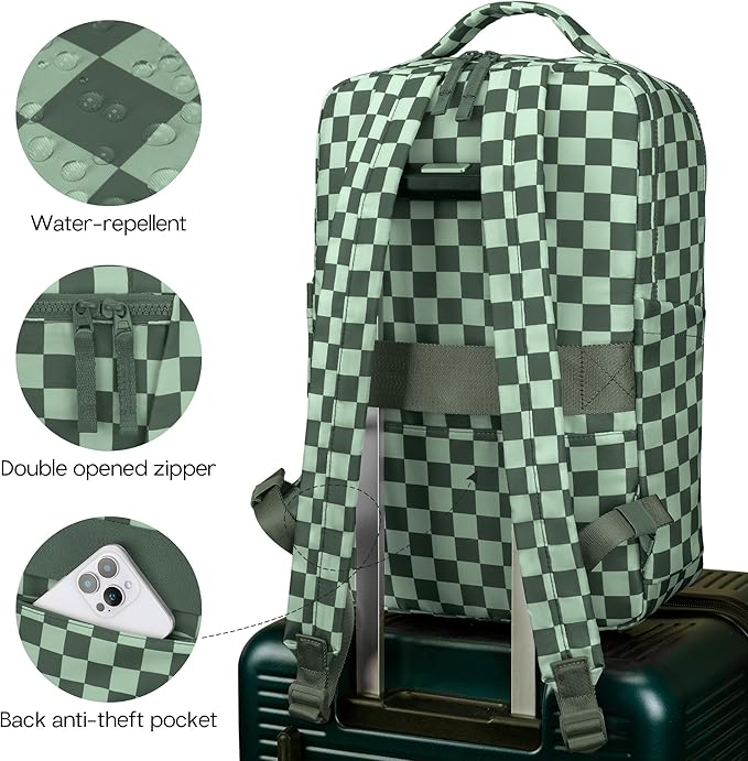 Checkered Backpack for Women Fashion Backpacks with Laptop and Multi Compartment for Travel and Work Bean Green Check