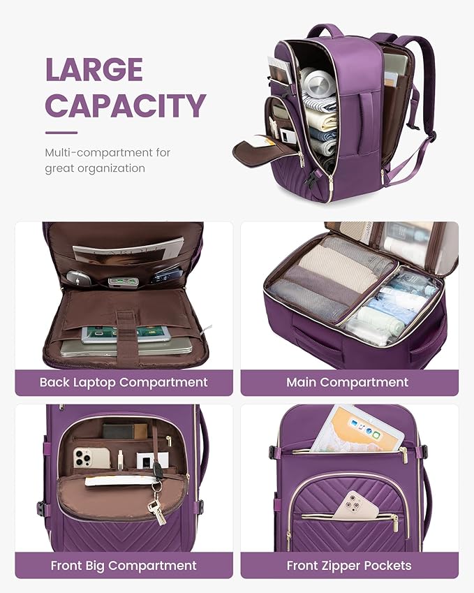 LOVEVOOK Large Travel Backpack for Women, TSA Carry on Backpack for Airplanes, 40L Personal Item Travel Bag fits 17" Laptop, Waterproof Carry on Bag Flight Approved with 4 Packing Cubes
