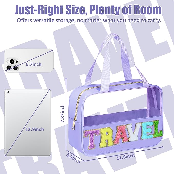 BuyCard Chenille Letter Patch Clear Travel Bags, Preppy PVC&Nylon Makeup Bag with Handle and Zipper, Waterproof Large Clear Travel Toiletry Bag Storage Bag for Women Girls